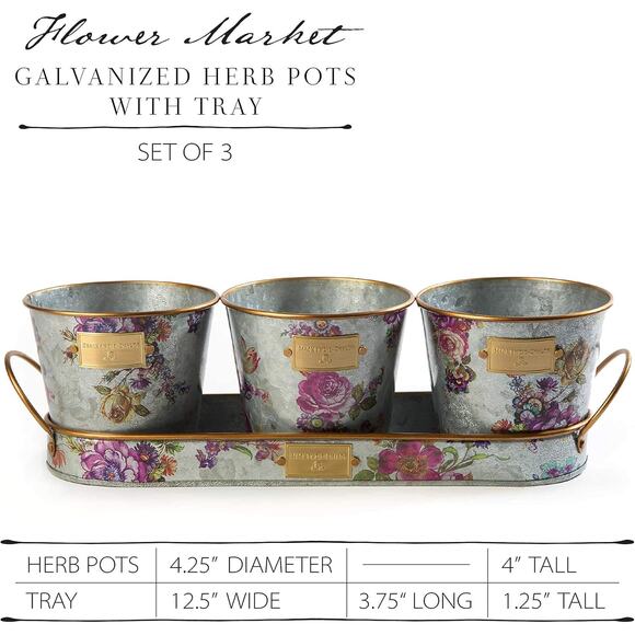 Mackenzie Childs Always Flowers Galvanized Metal Herb Pots Set of 3 NEW - Picture 3 of 6